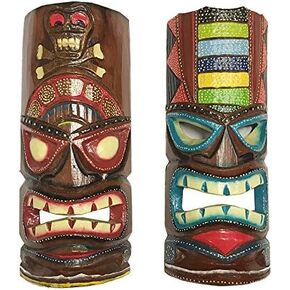 مجموعة من 2 Totem Pole Mask Beach Tiki Bar Decor