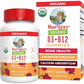 Maryruth Organics فيتامين D3 B12 Gummies | وزارة الزراعة الأمريكية العضوية | 2 شهر العرض | فيتامين D&B12 مكملات فيتامين للبالغين والأطفال | صحة العظام | مستويات الطاقة الصحية | غير GMO | 60 حصص