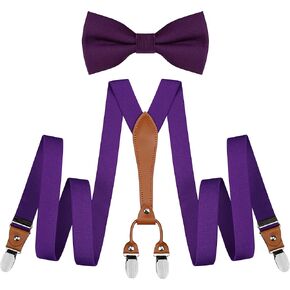 GUSLESON Suspenders & Bowtie Set Men's Elastic Band Suspenders + Bowtie for Wedding, Formal Events