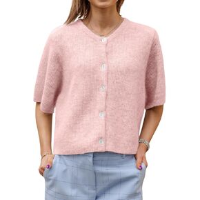 Women Knitted Button Down Short Sleeve Tops Solid Color Round Neck Cardigan Blouse Going Out Sweater Streetwear