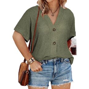 eytino womens plus size tops عرضة v neck الأكمام قصيرة الأكمام الزر متماسكة أسفل القمصان (1x-5x)