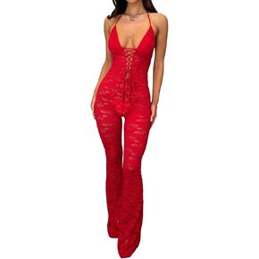 Molilove Women's Lace Jumpsuits Stretch See Through V Neck Drawstring Backless Flare Pants Rompers Sexy One Piece Outfits in Kuwait