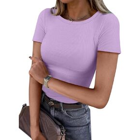 ANRABESS Women Short Sleeve Crewneck Ribbed Knit Slim Fitted Shirts Summer Tops Basic Tee T-Shirt Casual Spring 2025 Clothes