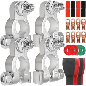 Battery Terminal Connectors,Military Spec Positive Negative Heavy Duty Battery Terminals with 4 pcs 2 Gauge 3/8" Copper Lugs,4 Heatshrink,2 Cover and Anti Corrosion Washers,14pcs