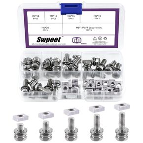 Swpeet 60 Pack 304 Stainless Steel M6 x 10/12/16/18/20mm Phillips Head Motorcycle Battery Terminal Bolts and Nuts with Square Nuts Assortment Kit, ATV Battery Bolt Motorcycle Battery Terminal Screws