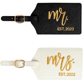 CHOIEO Mr and Mrs Luggage Tags, Bridal Shower Gift Honeymoon Gifts Wedding Gifts for Bride, PU Leather Travel Tags with Name ID Address Card (Black/White Gold MrMrs Est2025)