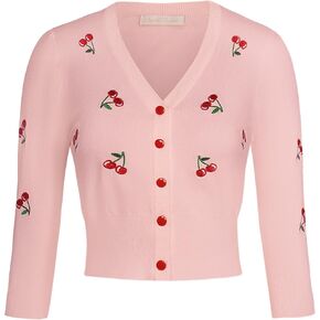 Belle Poque Women's 3/4 Sleeve V-Neck Button Down Cherries Embroidery Cropped Cardigan Sweater Coat