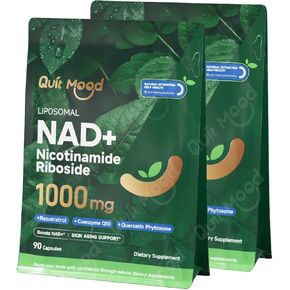 Quitmood NAD+ 1000mg - Pure Liposomal NAD Nicotinamide Riboside, Extra Strength NMN Alternative Liposomal,Resveratrol, Quercetin, CoQ10 Supplement - for Skin Aging Support, Energy, 90 Capsules, 1 Pack