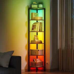 رف زاوية 6 طبقات مع رف رف طويل القامة مع مزامنة الموسيقى و 16 مليون اللون DIY ، رف الكتب الضيق مع جهاز التحكم عن بُعد والتحكم في غرفة المعيشة ، رف تخزين غرفة النوم