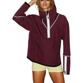 Yeokou Womens Windbreaker Jacket Outdoors Hiking Reflective Striping Hooded Half Zip Pullover Contrast Pocketed Outerwear(WineRed-M)