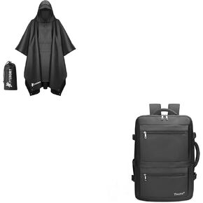 PTEROMY Hooded Rain Poncho for Adult with Pocket + Travel Backpack (Large)