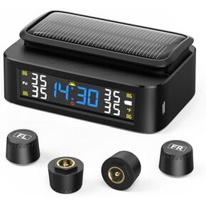 نظام مراقبة ضغط الإطارات RV TPMS مع شحن الطاقة الشمسية/USB ، 4 أجهزة استشعار ، 6 أوضاع إنذار ، شاشة LCD ، نطاق ضغط 0-87 PSI لـ RVs ، المقطورات ، والسيارات