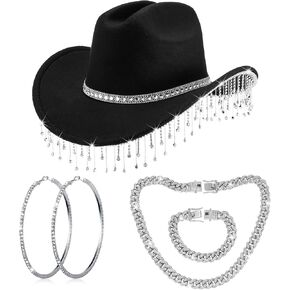 Hercicy Cowgirl Outfit for Women Rhinestone Cowboy Hat with Bling Cuban Link Chain Necklace Bracelet Circle Earring