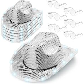 Zhanmai 6 Set LED Cowboy Hat Light Up Glitter Cowboy Hat with Sunglasses Sequin Space Cowgirl Hat for Women Men Costume