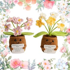 2Pcs Emotional Support Plush - Knitted Flowers, Crochet Flowers, Emotional Support Flowers, Positive Plant, Emotional Support Crochet Plants, Gifts for Family/Friends (Purple + Pink&White)