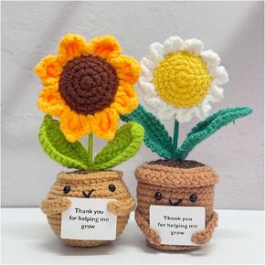 2PCS Handmade Crochet Sunflower with Daisy,Knitted Flowers,Crochet Flower Gifts, Thank You for Gift,Gift for Mother Wife,Crochet Potted Plant for Home Office Desk Car Decor