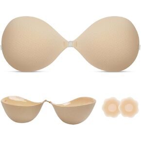 Super Thick Backless Strapless Bra for Push Up, Adhesive Padded Invisible Sticky Bra for Women and Wedding Dress - A Cups Beige