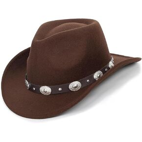 الأطفال Western Western Cowgirbo-Cowboy Feedora-Hat Girls Boys Wide-Brim Retro-Rodeo Panama-Cap مع حزام Gus-Buckle مقابل 5-8T ، براون