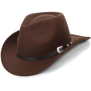 Kids Western Cowgirl-Cowboy Felt-Fedora-Hat Girls Boys Wide-Brim Retro-Rodeo Panama-Cap with Gus-Buckle-Belt for 5-8T, Brown