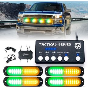 Xprite LED Surface Mount Strobe Lights Kit, White Amber Grill Grille Emergency Warning Flashing Marker Light Warning Light Assemblies for Trucks Vehicles ATV RV Cars Van - 8PCS