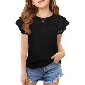 Haloumoning Girls Ruffle Sleeve T Shirts Summer Short Sleeve Casual Cute Crewneck Tops Tees 5-14 Years