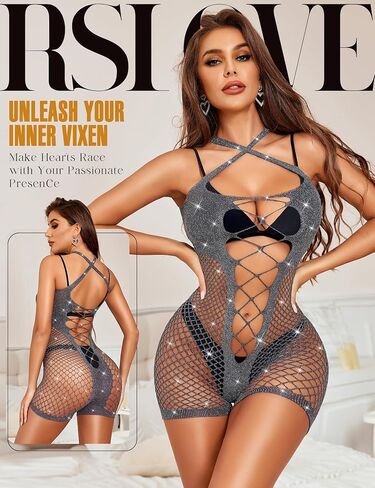 RSLOVE Womens Fishnet Bodysuit Lingerie - Sexy Sparkle Cut Out Romper Stripper Rave Outfit Glittering Bodystocking in Kuwait