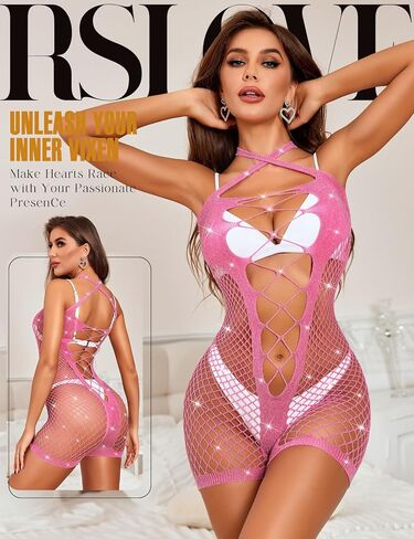 RSLOVE Womens Fishnet Bodysuit Lingerie - Sexy Sparkle Cut Out Romper Stripper Rave Outfit Glittering Bodystocking in Saudi Arabia