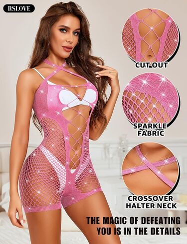 RSLOVE Womens Fishnet Bodysuit Lingerie - Sexy Sparkle Cut Out Romper Stripper Rave Outfit Glittering Bodystocking in Saudi Arabia