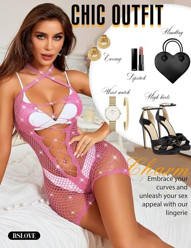 RSLOVE Womens Fishnet Bodysuit Lingerie - Sexy Sparkle Cut Out Romper Stripper Rave Outfit Glittering Bodystocking in Saudi Arabia
