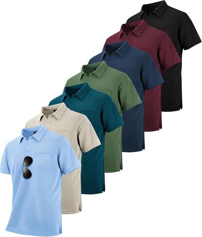 Scodi 7 Pack Polo Polo Dorts للرجال مع رطوبة الجيب Wicking Golf Polo Shirt بأكمام قصيرة في الهواء الطلق Tshirt التكتيكي in Kuwait