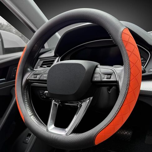 LKWLIKEI Nappa Leather Steering Wheel Cover, Elegant Diamond Checkered Design, Non-Slip wear-Resistant, Enhance Driving Comfort, Suitable for Steering Wheel Diameter 14 1/2‘-15’ Models.Black White in Saudi Arabia