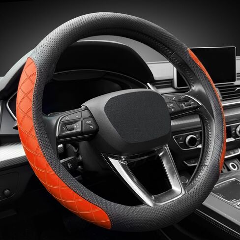 LKWLIKEI Nappa Leather Steering Wheel Cover, Elegant Diamond Checkered Design, Non-Slip wear-Resistant, Enhance Driving Comfort, Suitable for Steering Wheel Diameter 14 1/2‘-15’ Models.Black White in Saudi Arabia