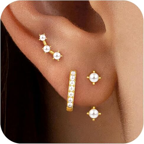 Poxtex Gold Earrings Set for Women, 14K Real Gold Cartilage Stud Huggie Jacket Earrings Set for Multiple Piercing Hypoallergenic Trendy Jewelry, Small Hoop Earrings Gifts for Women Girls in Saudi Arabia