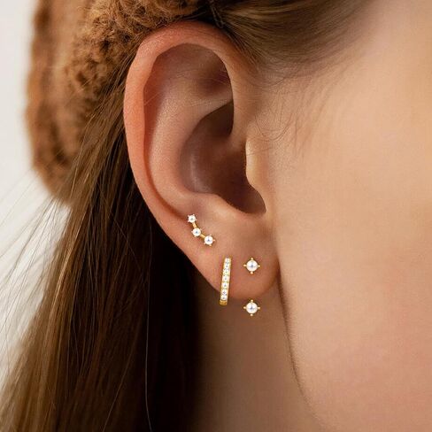 Poxtex Gold Earrings Set for Women, 14K Real Gold Cartilage Stud Huggie Jacket Earrings Set for Multiple Piercing Hypoallergenic Trendy Jewelry, Small Hoop Earrings Gifts for Women Girls in Saudi Arabia