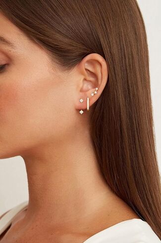 Poxtex Gold Earrings Set for Women, 14K Real Gold Cartilage Stud Huggie Jacket Earrings Set for Multiple Piercing Hypoallergenic Trendy Jewelry, Small Hoop Earrings Gifts for Women Girls in Saudi Arabia