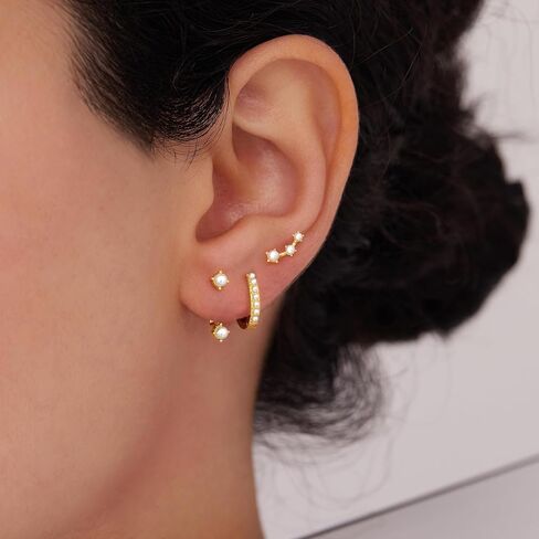 Poxtex Gold Earrings Set for Women, 14K Real Gold Cartilage Stud Huggie Jacket Earrings Set for Multiple Piercing Hypoallergenic Trendy Jewelry, Small Hoop Earrings Gifts for Women Girls in Saudi Arabia