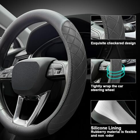 LKWLIKEI Nappa Leather Steering Wheel Cover, Elegant Diamond Checkered Design, Non-Slip wear-Resistant, Enhance Driving Comfort, Suitable for Steering Wheel Diameter 14 1/2‘-15’ Models.Black White in Kuwait