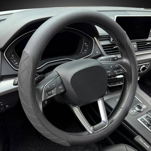 LKWLIKEI Nappa Leather Steering Wheel Cover, Elegant Diamond Checkered Design, Non-Slip wear-Resistant, Enhance Driving Comfort, Suitable for Steering Wheel Diameter 14 1/2‘-15’ Models.Black White in Kuwait