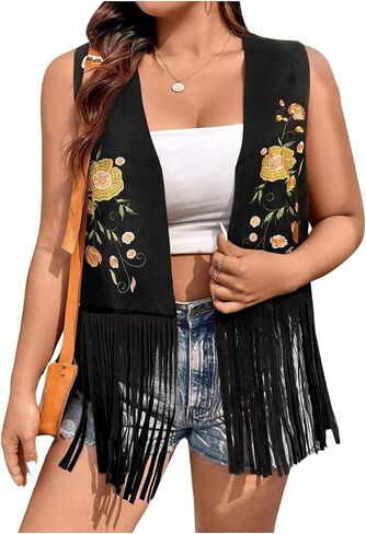 Verdusa Women's Plus Size Fringe Floral Embroidery Sleeveless Vest Cardigan Tassel Jacket in Saudi Arabia