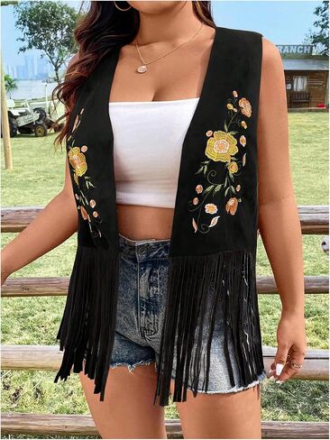 Verdusa Women's Plus Size Fringe Floral Embroidery Sleeveless Vest Cardigan Tassel Jacket in Saudi Arabia