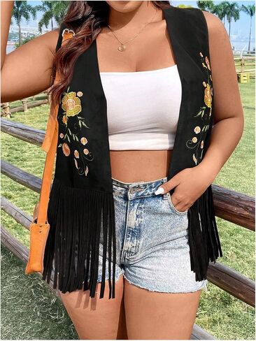 Verdusa Women's Plus Size Fringe Floral Embroidery Sleeveless Vest Cardigan Tassel Jacket in Saudi Arabia