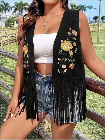 Verdusa Women's Plus Size Fringe Floral Embroidery Sleeveless Vest Cardigan Tassel Jacket in Saudi Arabia