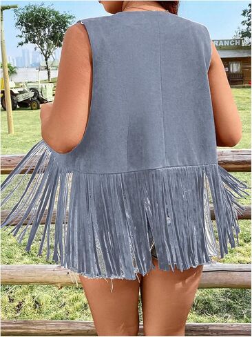 Verdusa Women's Plus Size Fringe Floral Embroidery Sleeveless Vest Cardigan Tassel Jacket in Saudi Arabia