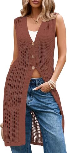 Cakulo Womens Sleeveless Crochet Cardigans Beach Cover Up 2025 Summer Long Knit Sweater Vest Tops in Saudi Arabia