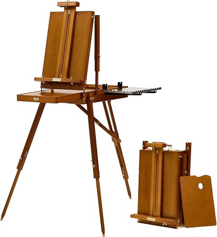 ATWORTH French Easel for Painting, Deluxe Oak Wooden Field & Studio Sketchbox Easel Stand with Metal Side Tray, Portable Tabletop & Tripod Floor Painting Easel, Holds Canvas up to 34"- Walnut in Kuwait