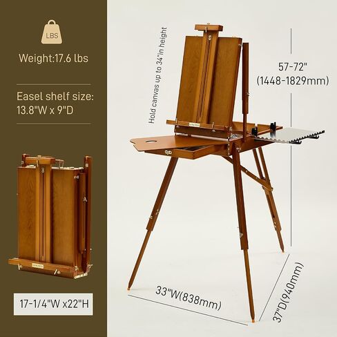 ATWORTH French Easel for Painting, Deluxe Oak Wooden Field & Studio Sketchbox Easel Stand with Metal Side Tray, Portable Tabletop & Tripod Floor Painting Easel, Holds Canvas up to 34"- Walnut in Kuwait