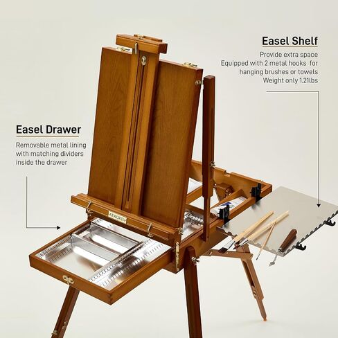 ATWORTH French Easel for Painting, Deluxe Oak Wooden Field & Studio Sketchbox Easel Stand with Metal Side Tray, Portable Tabletop & Tripod Floor Painting Easel, Holds Canvas up to 34"- Walnut in Kuwait