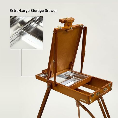 ATWORTH French Easel for Painting, Deluxe Oak Wooden Field & Studio Sketchbox Easel Stand with Metal Side Tray, Portable Tabletop & Tripod Floor Painting Easel, Holds Canvas up to 34"- Walnut in Kuwait