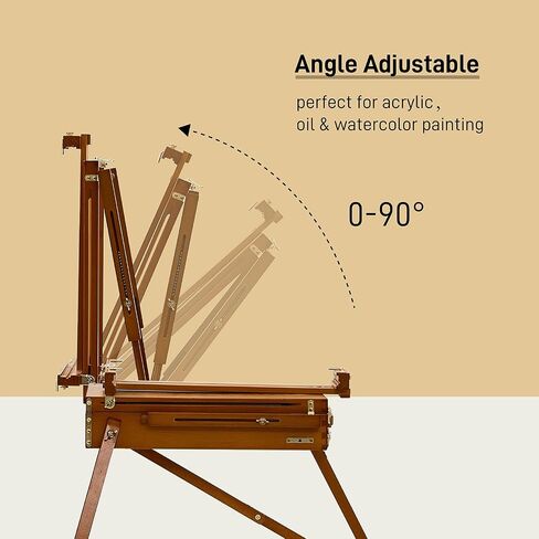 ATWORTH French Easel for Painting, Deluxe Oak Wooden Field & Studio Sketchbox Easel Stand with Metal Side Tray, Portable Tabletop & Tripod Floor Painting Easel, Holds Canvas up to 34"- Walnut in Kuwait