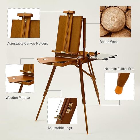 ATWORTH French Easel for Painting, Deluxe Oak Wooden Field & Studio Sketchbox Easel Stand with Metal Side Tray, Portable Tabletop & Tripod Floor Painting Easel, Holds Canvas up to 34"- Walnut in Kuwait